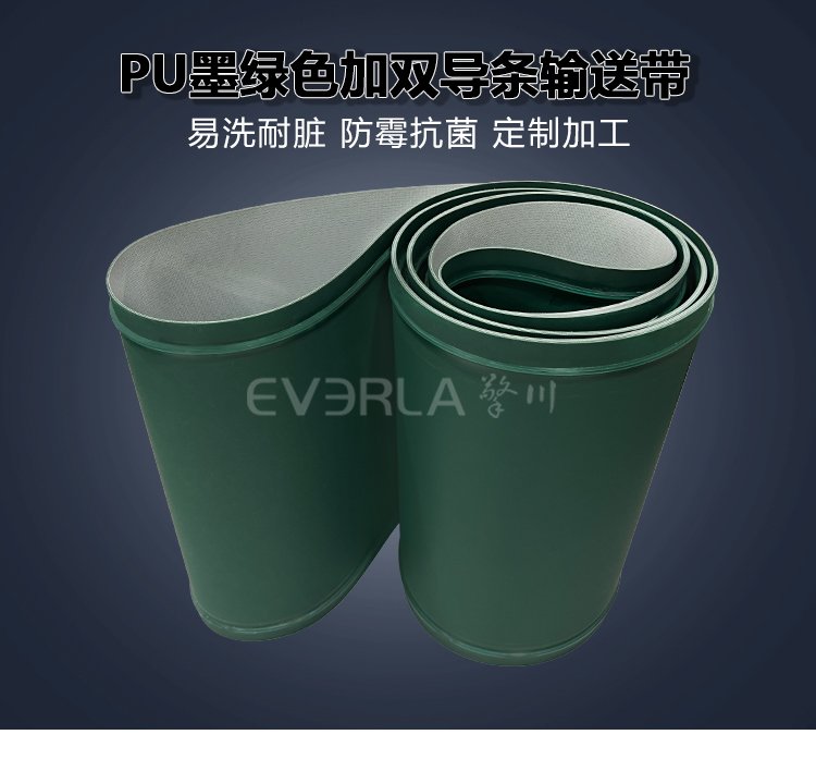 墨綠色PU<a href='http://www.zhangtiankun.cn/shusongdai/' target='_blank'><u>輸送帶</u></a>加雙導(dǎo)條