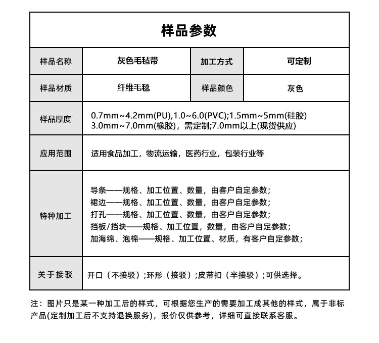 灰色雙面毛氈輸送帶